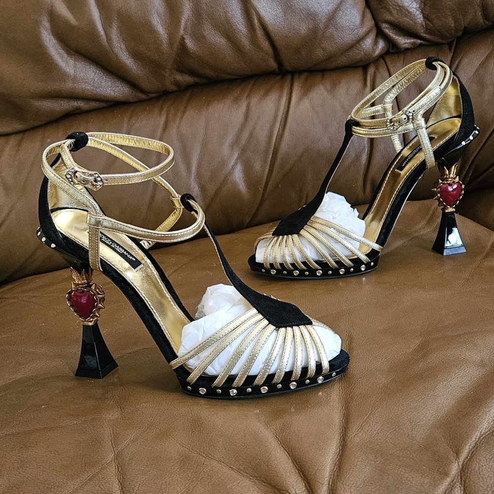 Dolce & Gabbana Black Suede Metallic Gold Leather Luxury Heels Size 8 US (MINT) - Picture 12 of 16